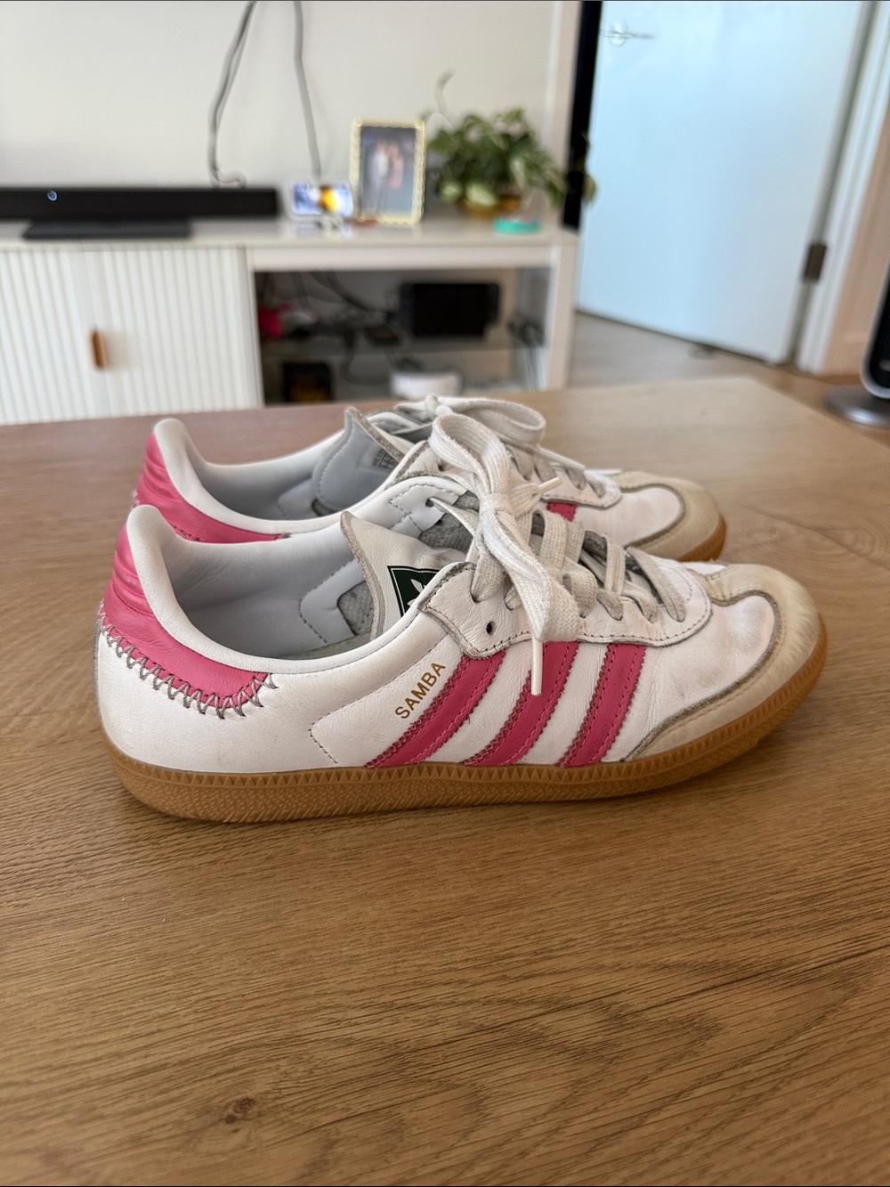adidas White Sneakers with Pink Three-Stripes and Gum Sole - Picture 4 of 4